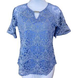 NY Collection Short Bell Sleeve Lined Blue Scroll Lace Blouse Keyhole Neck SM
